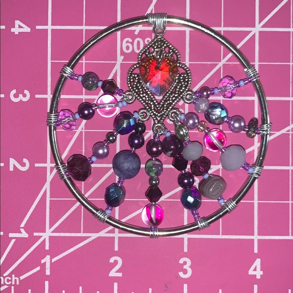 Handcrafted Silver and Purple Beaded Wire Wrapped Ornament with Hear Pendant - Picture 3 of 8